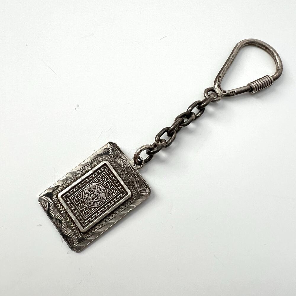 Vtg Sterling Silver 925 Mexico Rectangle Mayan Calendar Aztec Face Keychain